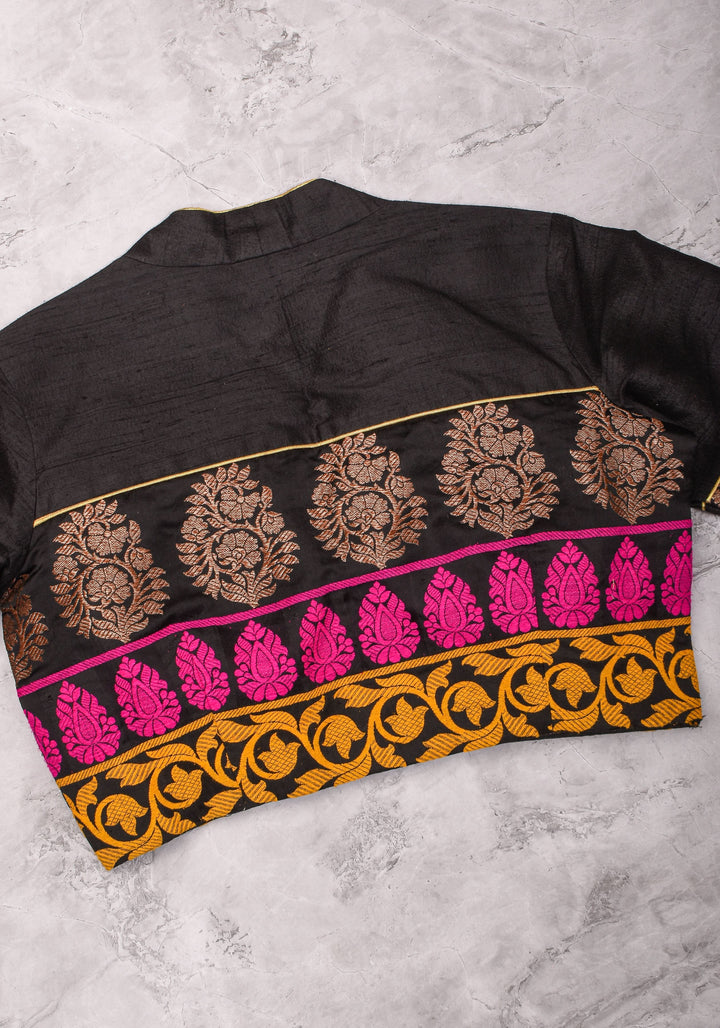 Black Pure Raw Silk with Meenakari Brocade Border V Neck Blouse, Made to Order