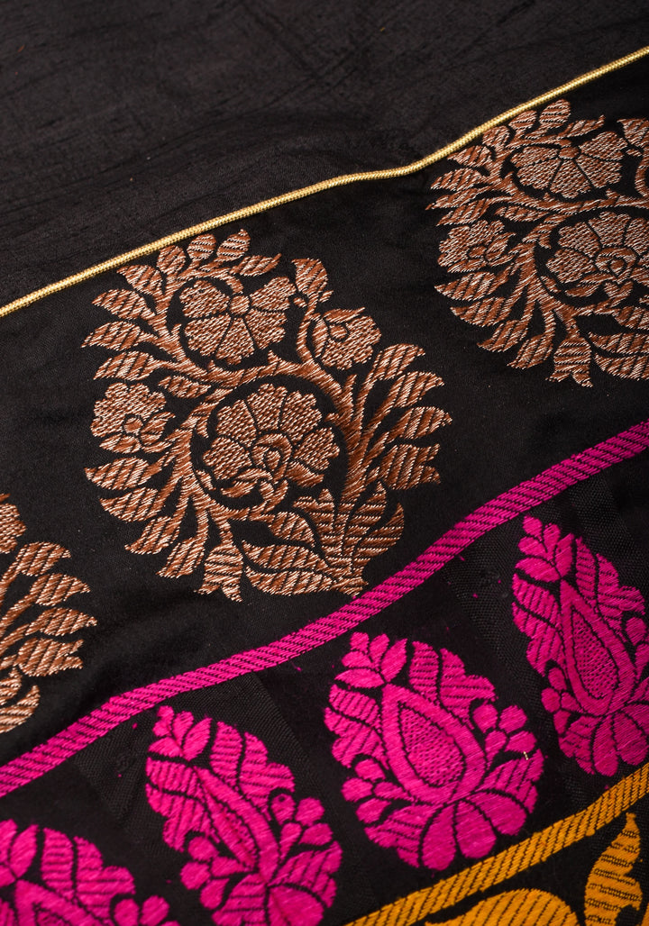 Black Pure Raw Silk with Meenakari Brocade Border V Neck Blouse, Made to Order