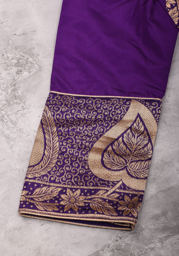 Purple silk & brocade V neck blouse with 3/4th sleeves, Made to Order