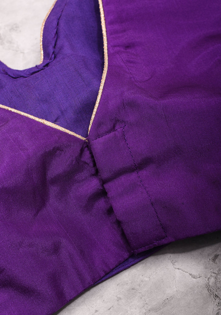 Purple silk & brocade V neck blouse with 3/4th sleeves, Made to Order