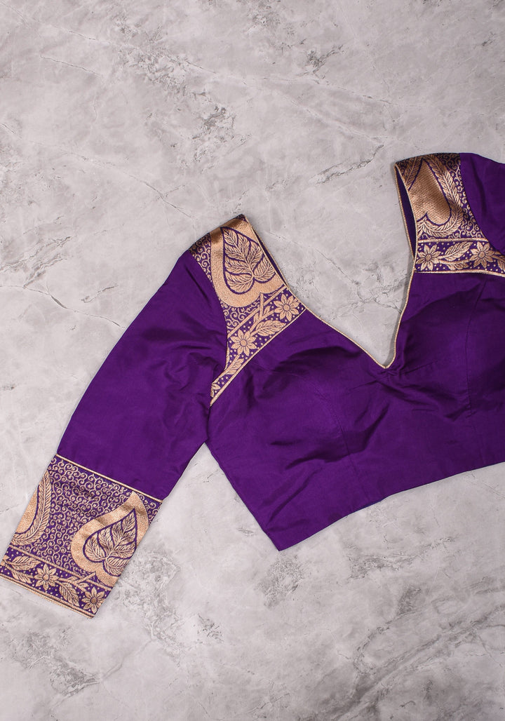 Purple silk & brocade V neck blouse with 3/4th sleeves, Made to Order
