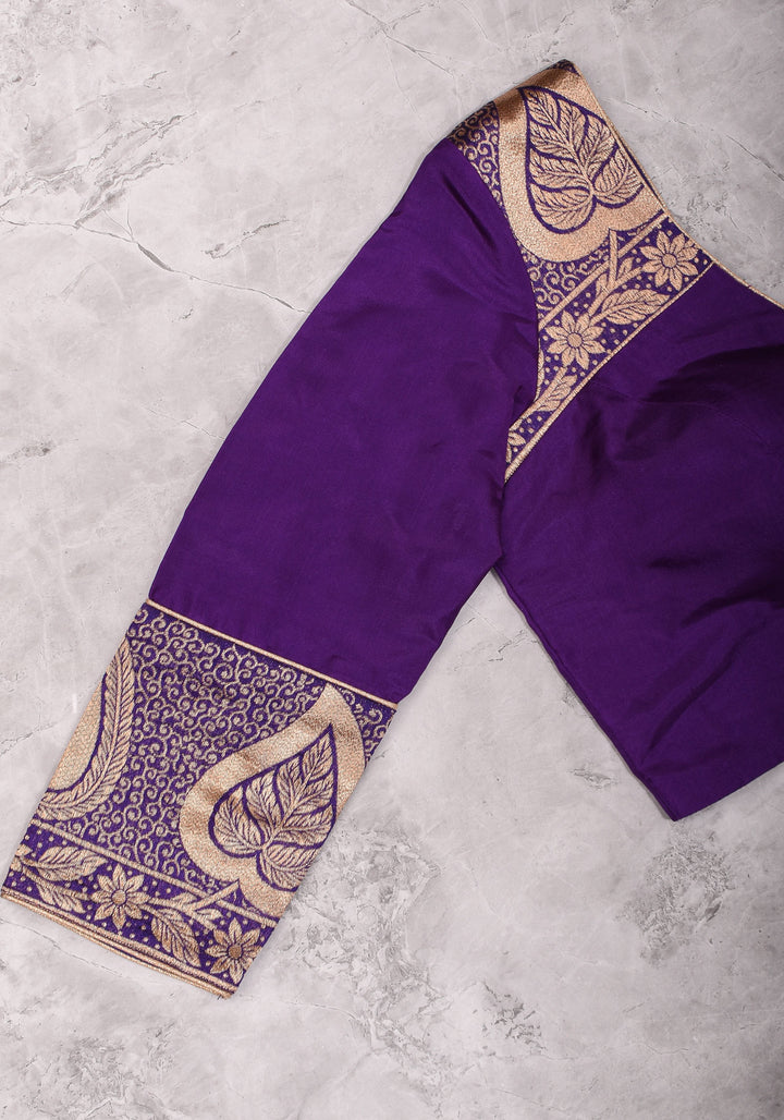 Purple silk & brocade V neck blouse with 3/4th sleeves, Made to Order