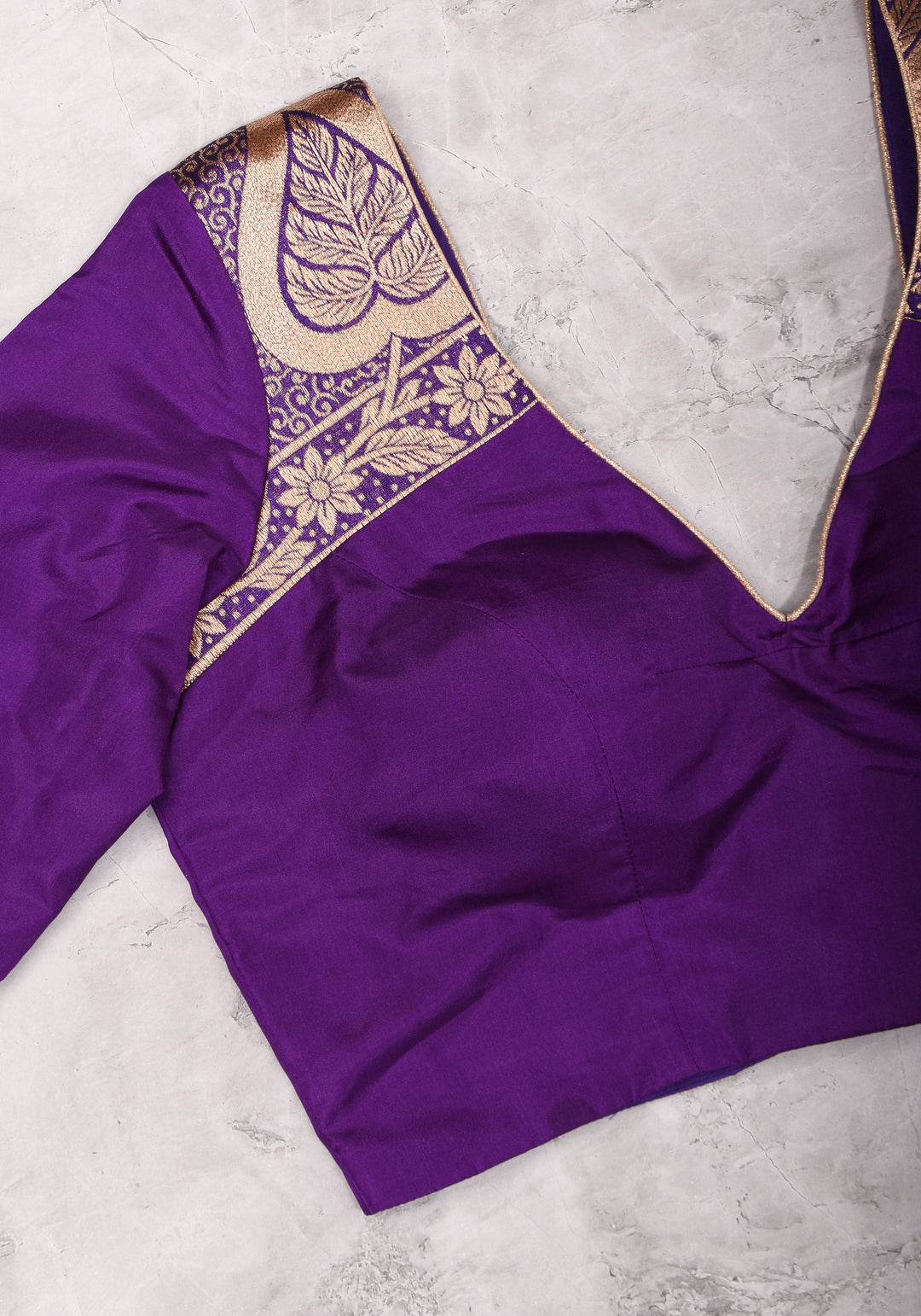 Purple silk & brocade V neck blouse with 3/4th sleeves, Made to Order