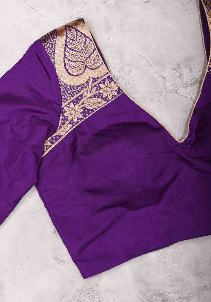 Purple silk & brocade V neck blouse with 3/4th sleeves, Made to Order