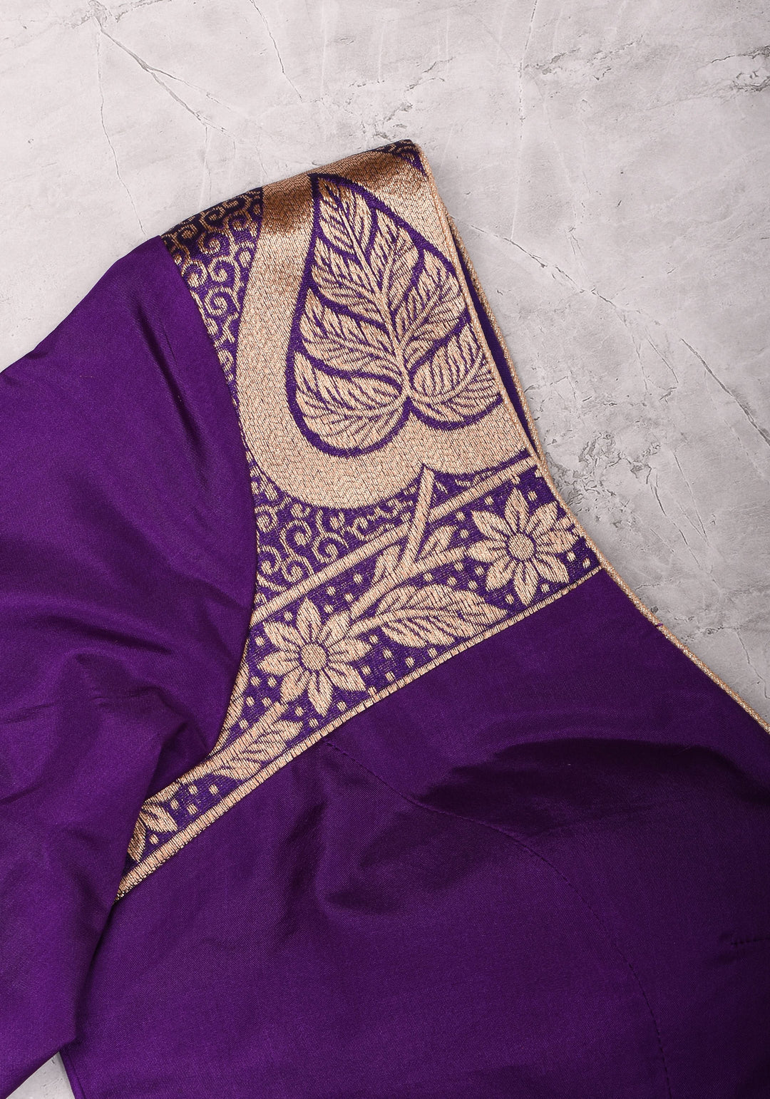 Purple silk & brocade V neck blouse with 3/4th sleeves, Made to Order