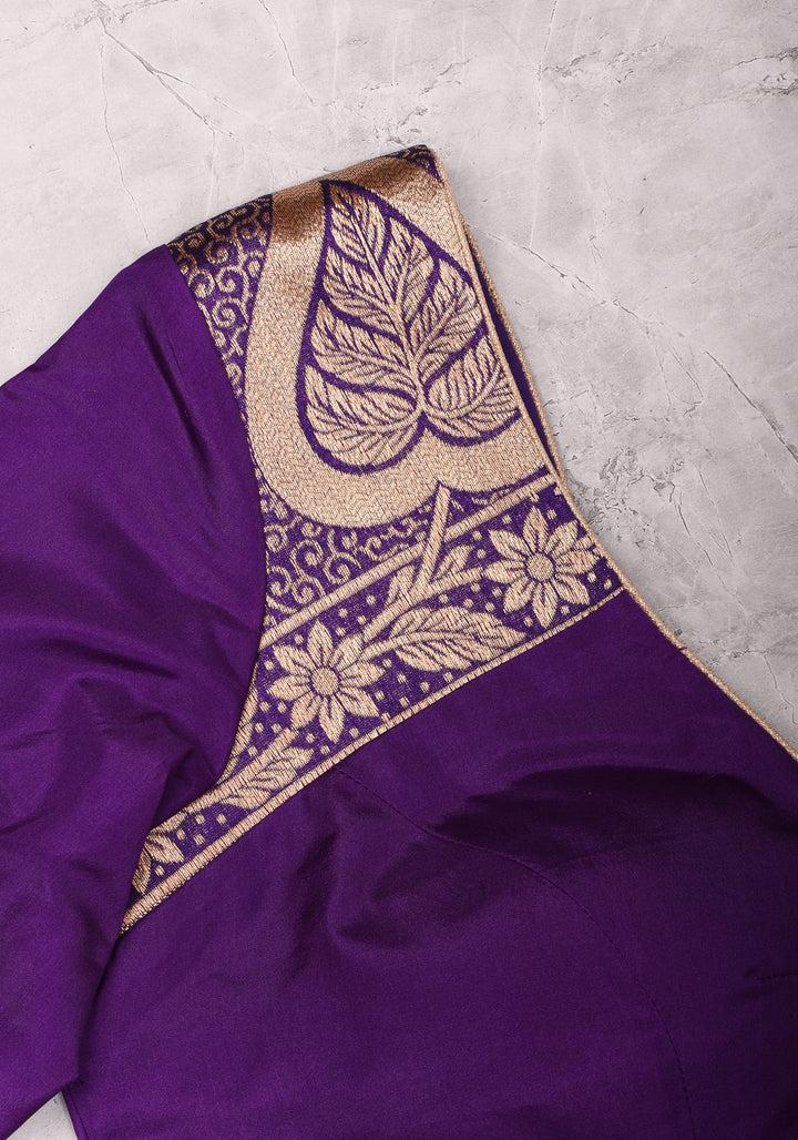 Purple silk & brocade V neck blouse with 3/4th sleeves, Made to Order
