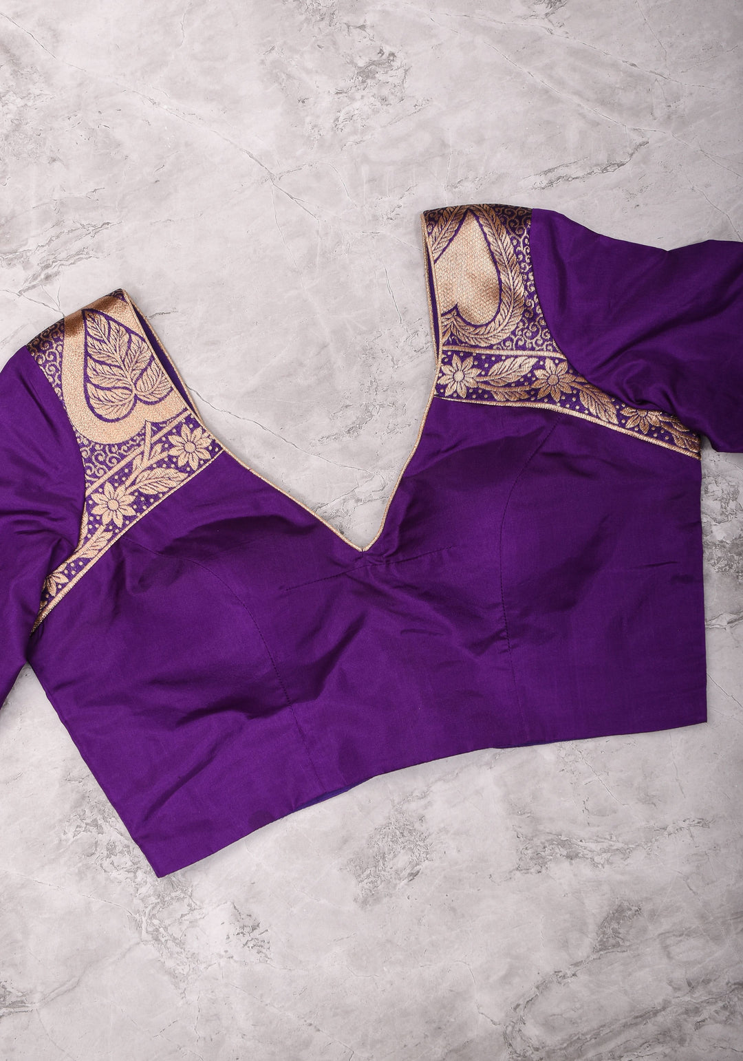 Purple silk & brocade V neck blouse with 3/4th sleeves, Made to Order