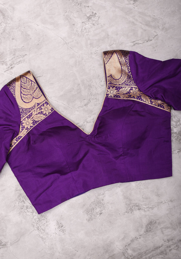 Purple silk & brocade V neck blouse with 3/4th sleeves, Made to Order