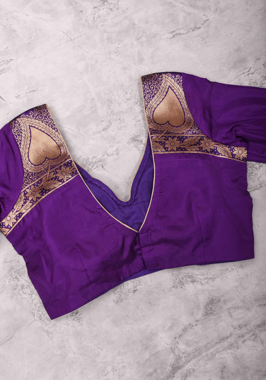 Purple silk & brocade V neck blouse with 3/4th sleeves, Made to Order