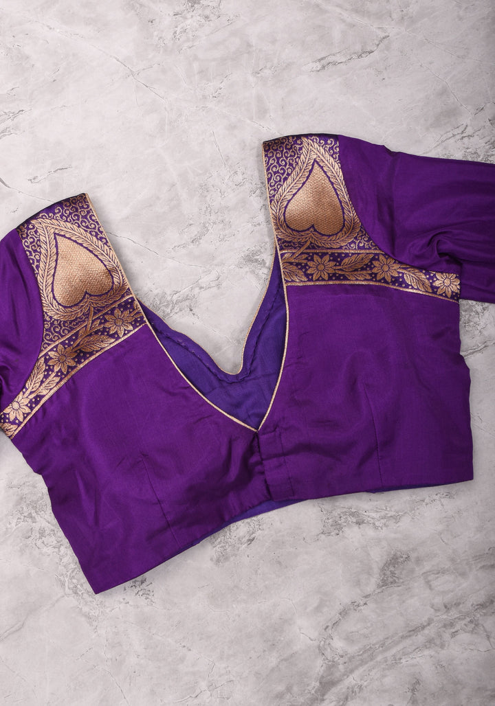 Purple silk & brocade V neck blouse with 3/4th sleeves, Made to Order