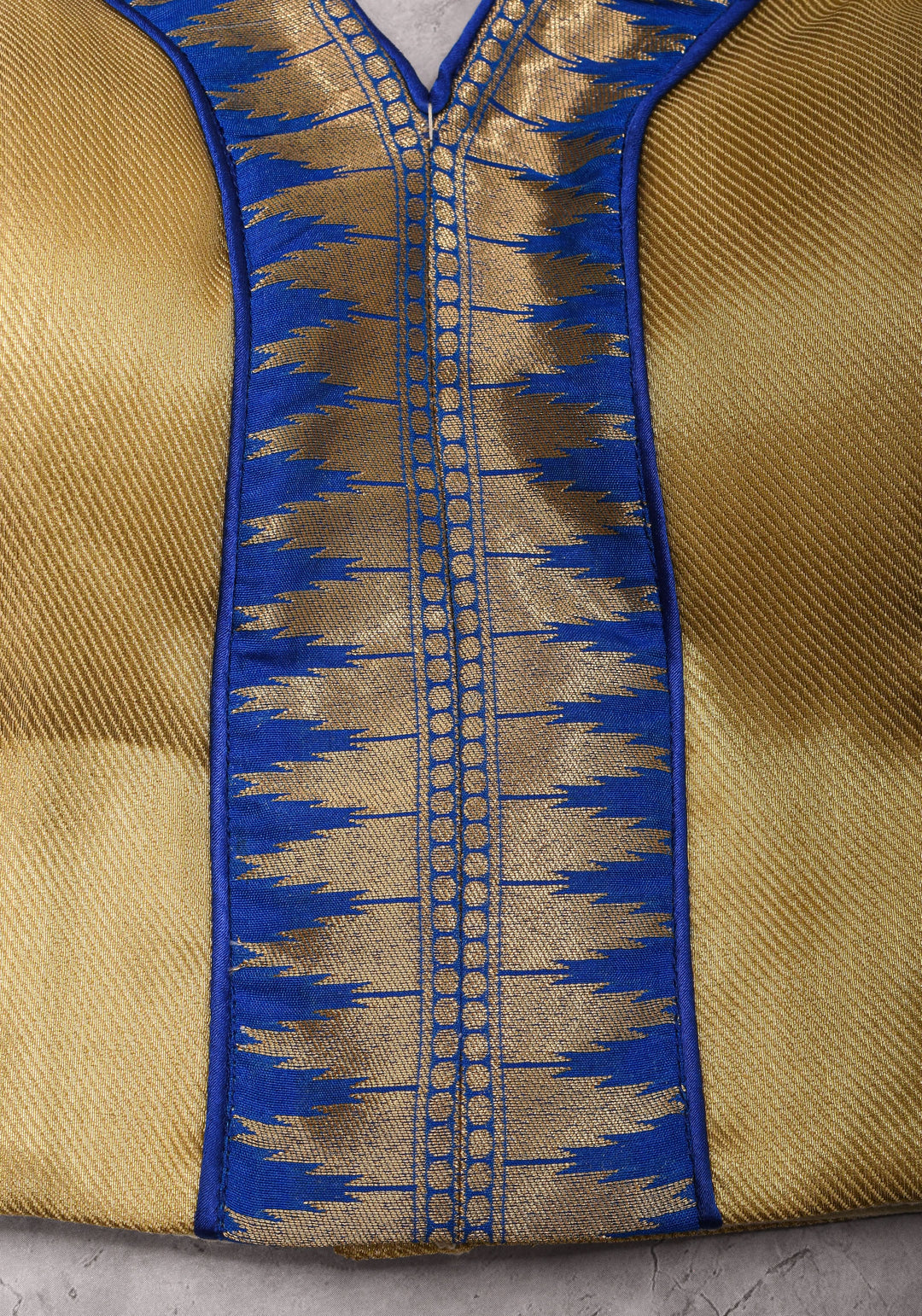 Muted Gold V neck neck sleeveless blouse with blue temple border, Made to Order