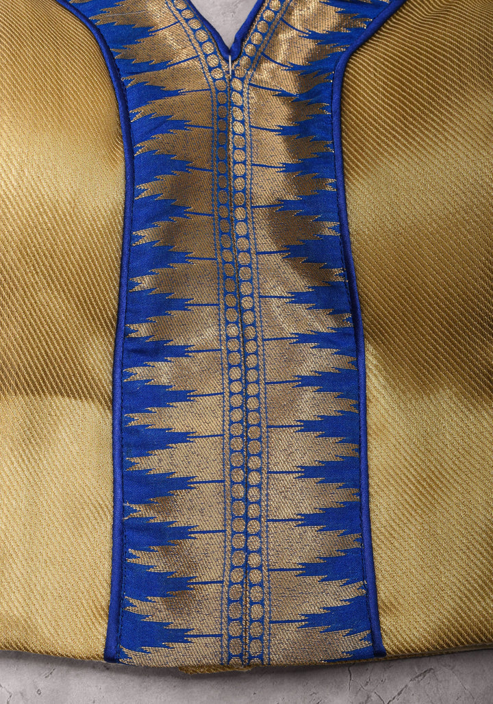 Muted Gold V neck neck sleeveless blouse with blue temple border, Made to Order