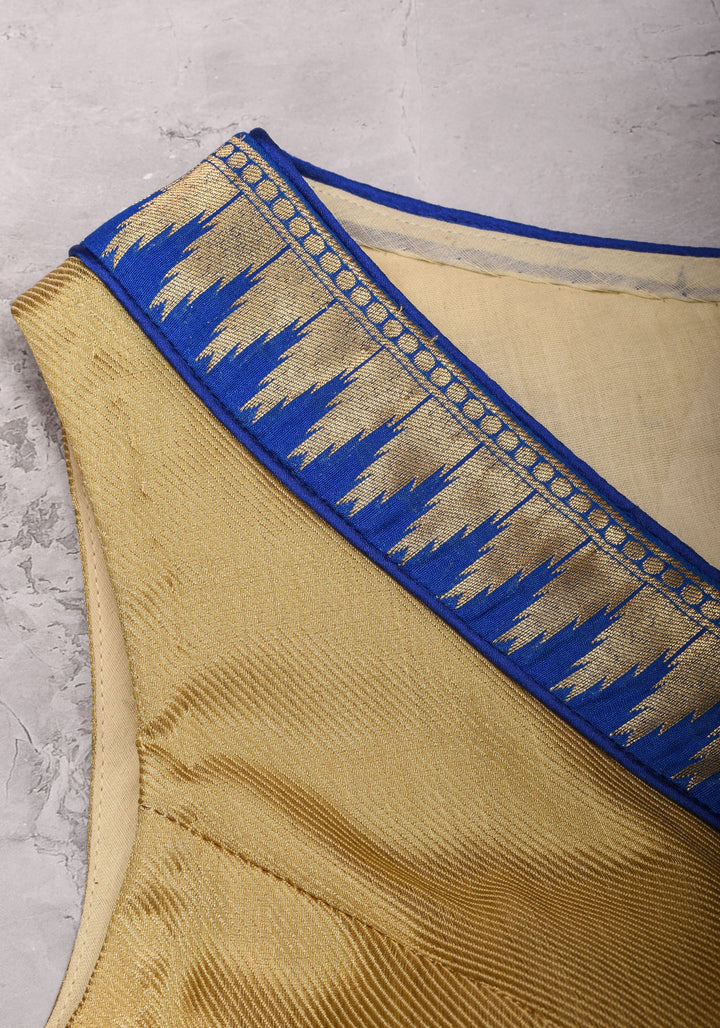 Muted Gold V neck neck sleeveless blouse with blue temple border, Made to Order