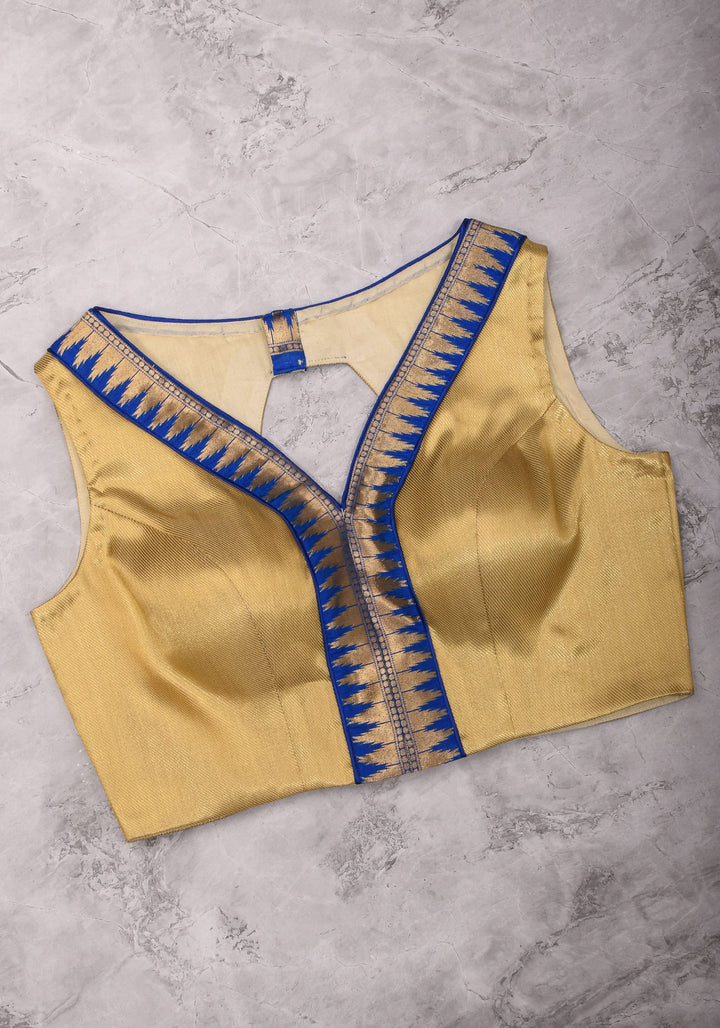 Muted Gold V neck neck sleeveless blouse with blue temple border, Made to Order