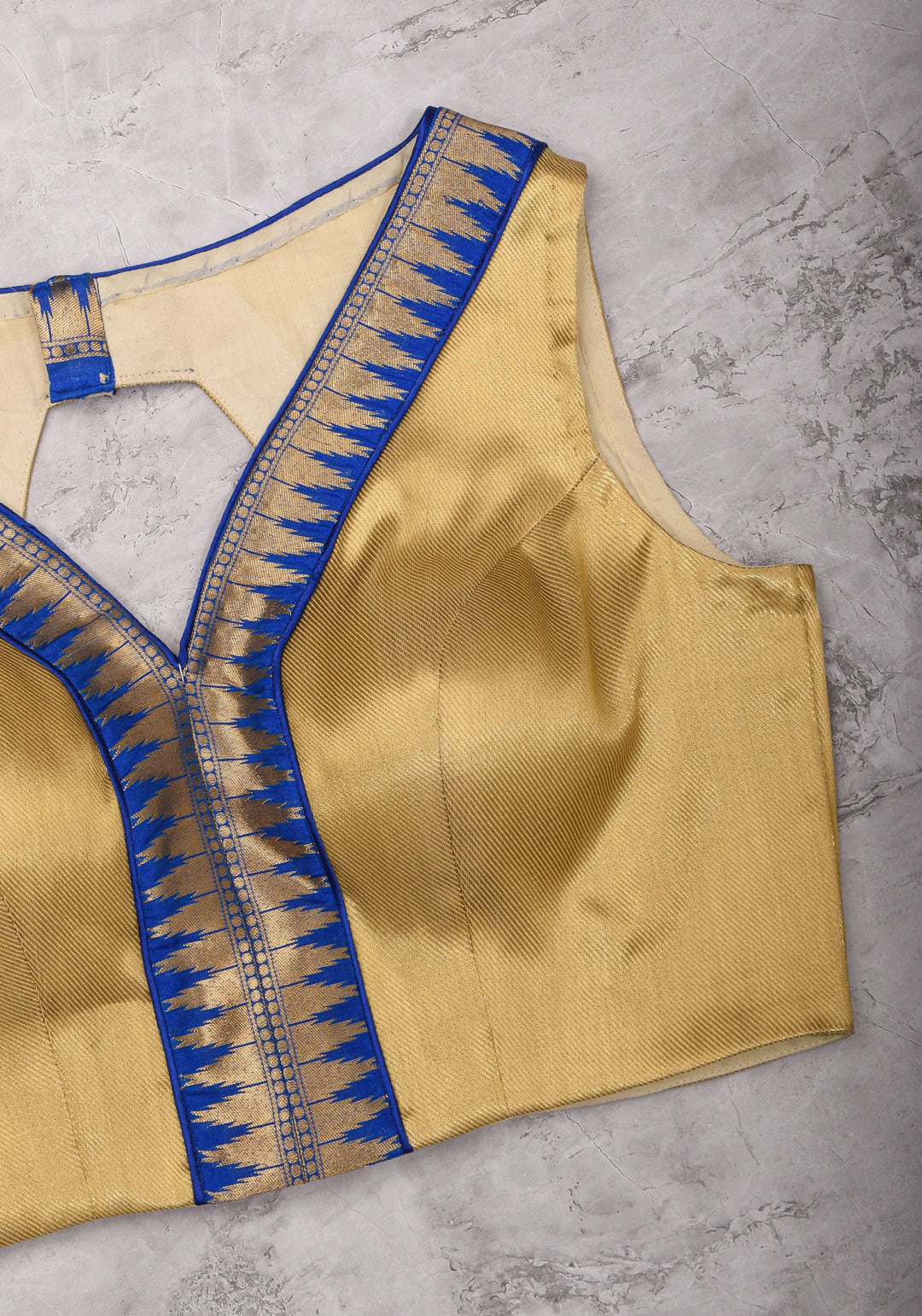 Muted Gold V neck neck sleeveless blouse with blue temple border, Made to Order