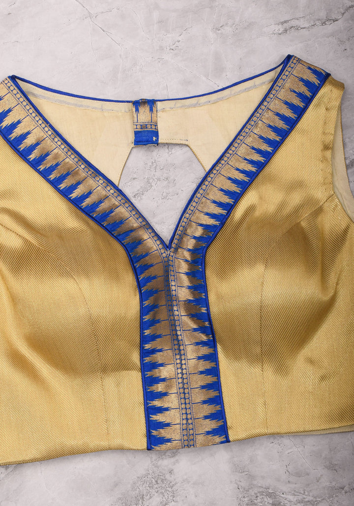 Muted Gold V neck neck sleeveless blouse with blue temple border, Made to Order