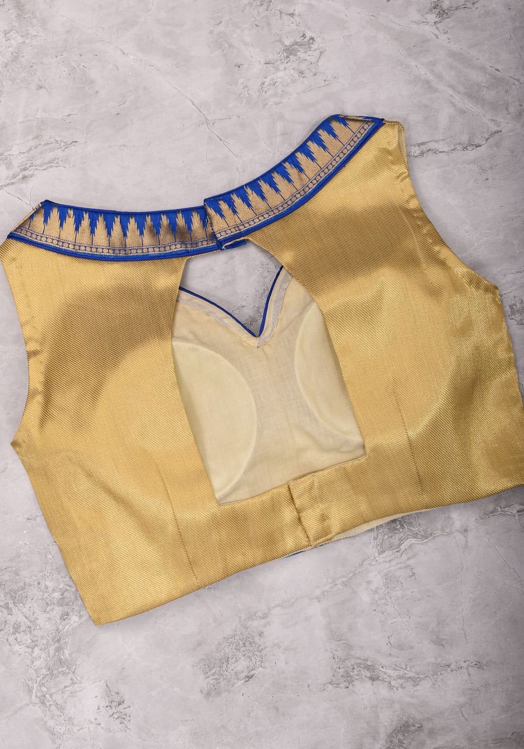 Muted Gold V neck neck sleeveless blouse with blue temple border, Made to Order