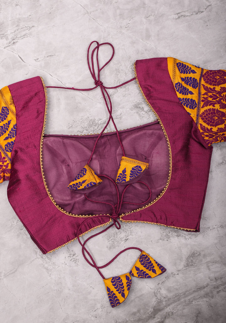 Magenta Pure rawsilk with yellow brocade U neck Blouse with back tie design, Made to Order