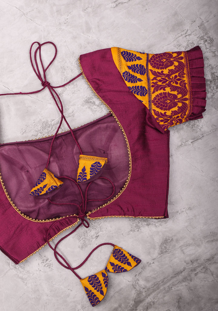 Magenta Pure rawsilk with yellow brocade U neck Blouse with back tie design, Made to Order