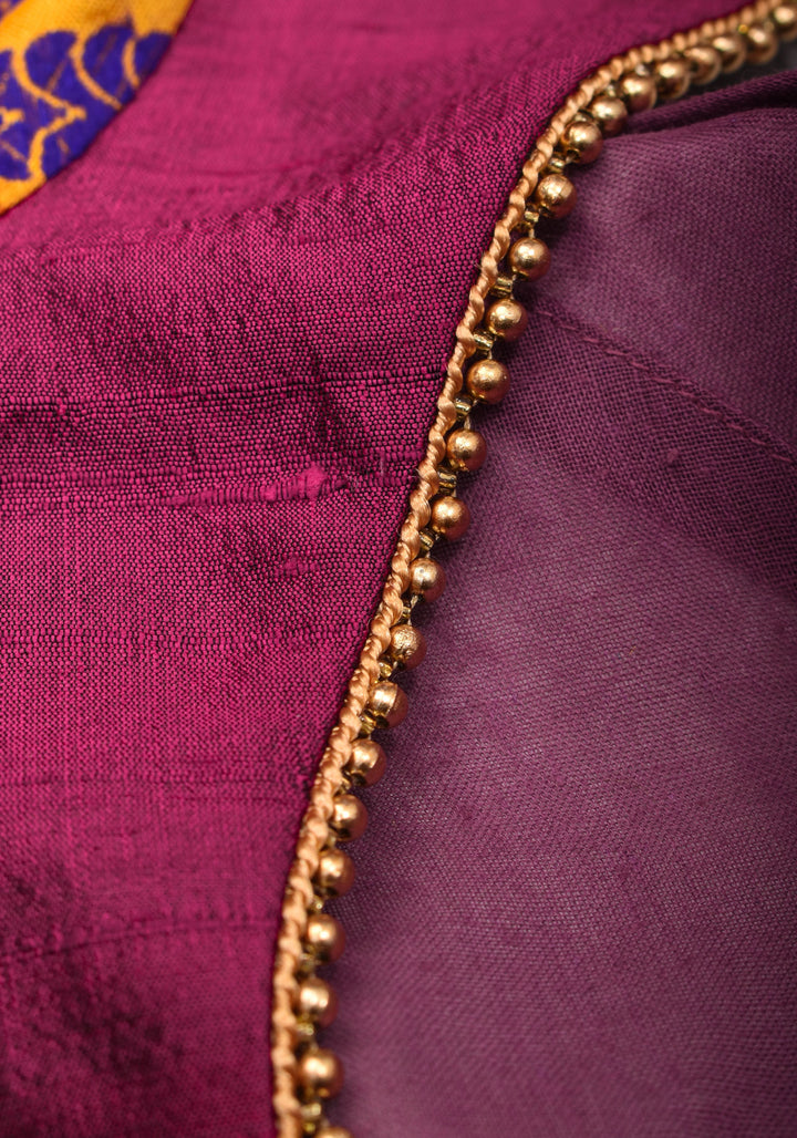 Magenta Pure rawsilk with yellow brocade U neck Blouse with back tie design, Made to Order
