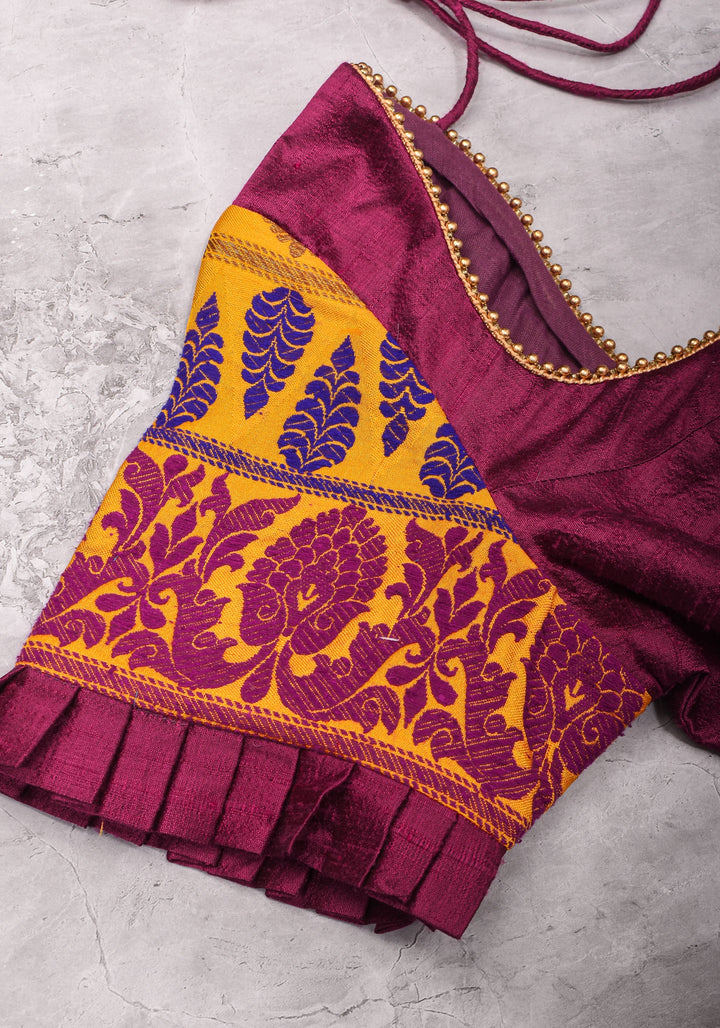 Magenta Pure rawsilk with yellow brocade U neck Blouse with back tie design, Made to Order