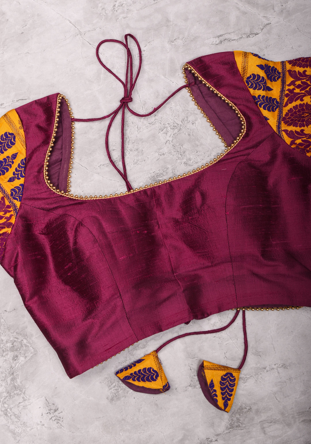 Magenta Pure rawsilk with yellow brocade U neck Blouse with back tie design, Made to Order