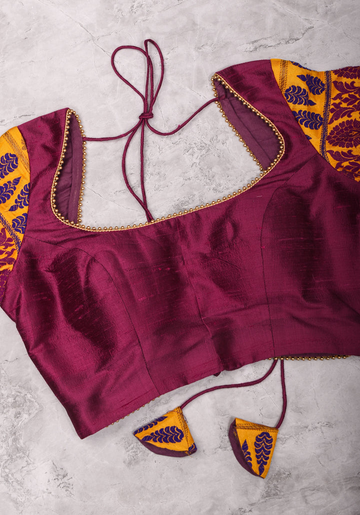 Magenta Pure rawsilk with yellow brocade U neck Blouse with back tie design, Made to Order