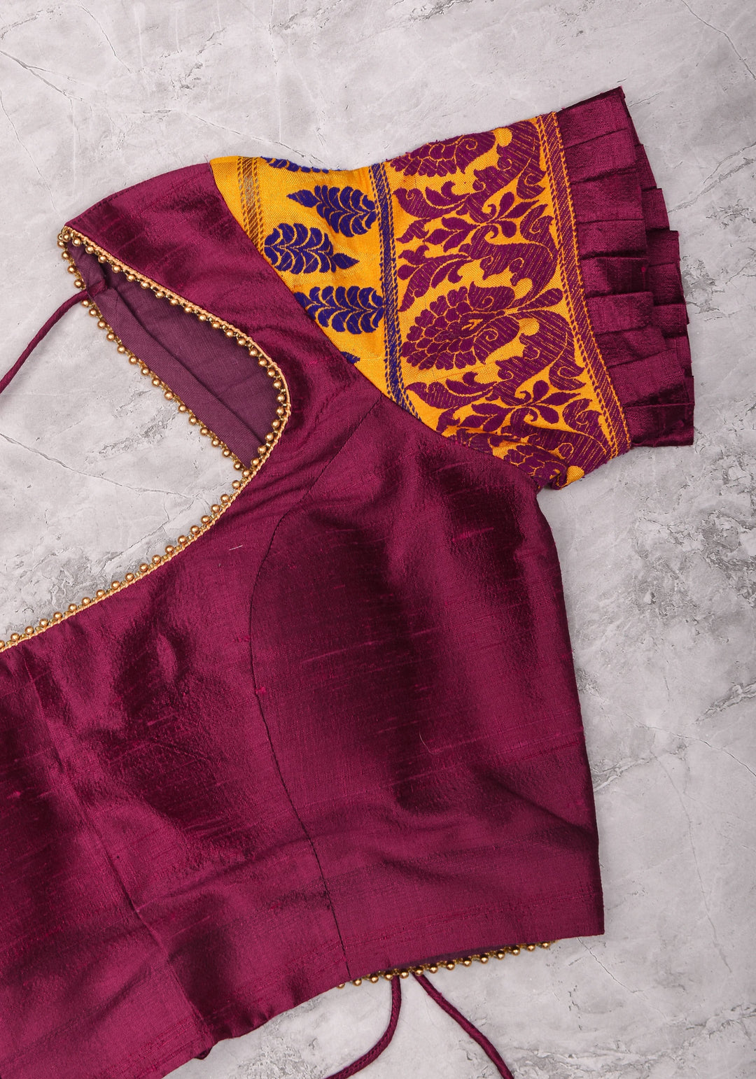 Magenta Pure rawsilk with yellow brocade U neck Blouse with back tie design, Made to Order