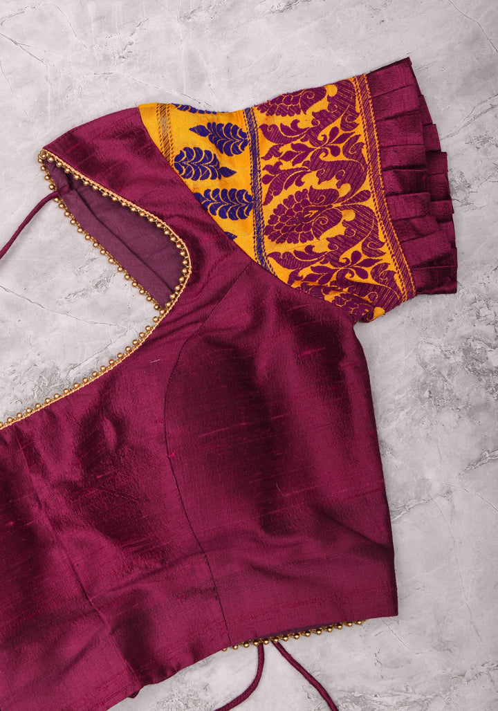 Magenta Pure rawsilk with yellow brocade U neck Blouse with back tie design, Made to Order