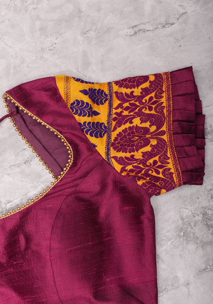 Magenta Pure rawsilk with yellow brocade U neck Blouse with back tie design, Made to Order