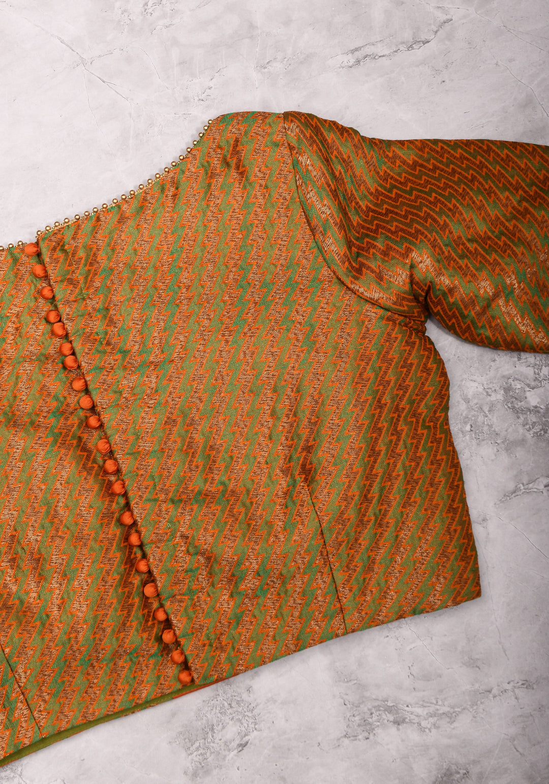 Henna Green and orange Jacquard boatneck blouse with plain silk detailing, Made to Order