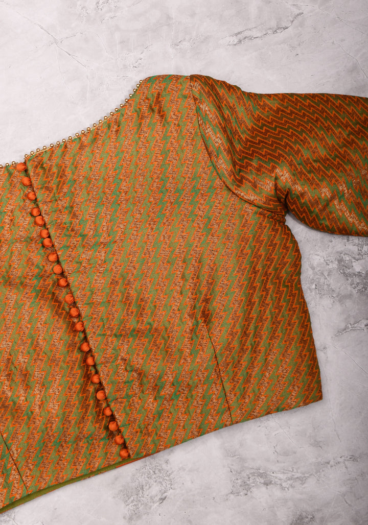 Henna Green and orange Jacquard boatneck blouse with plain silk detailing, Made to Order