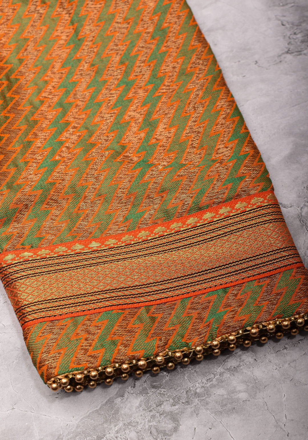 Henna Green and orange Jacquard boatneck blouse with plain silk detailing, Made to Order