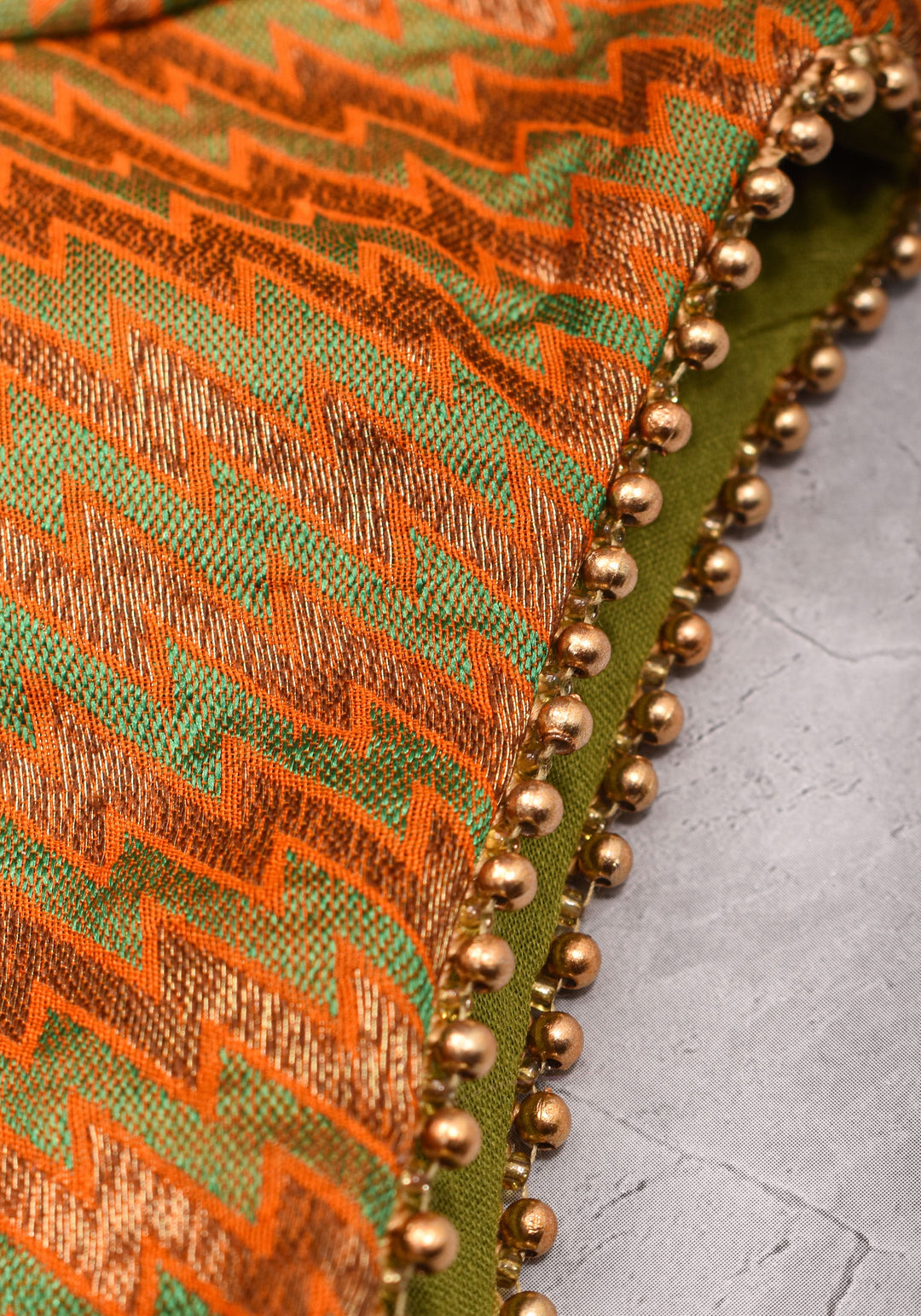 Henna Green and orange Jacquard boatneck blouse with plain silk detailing, Made to Order