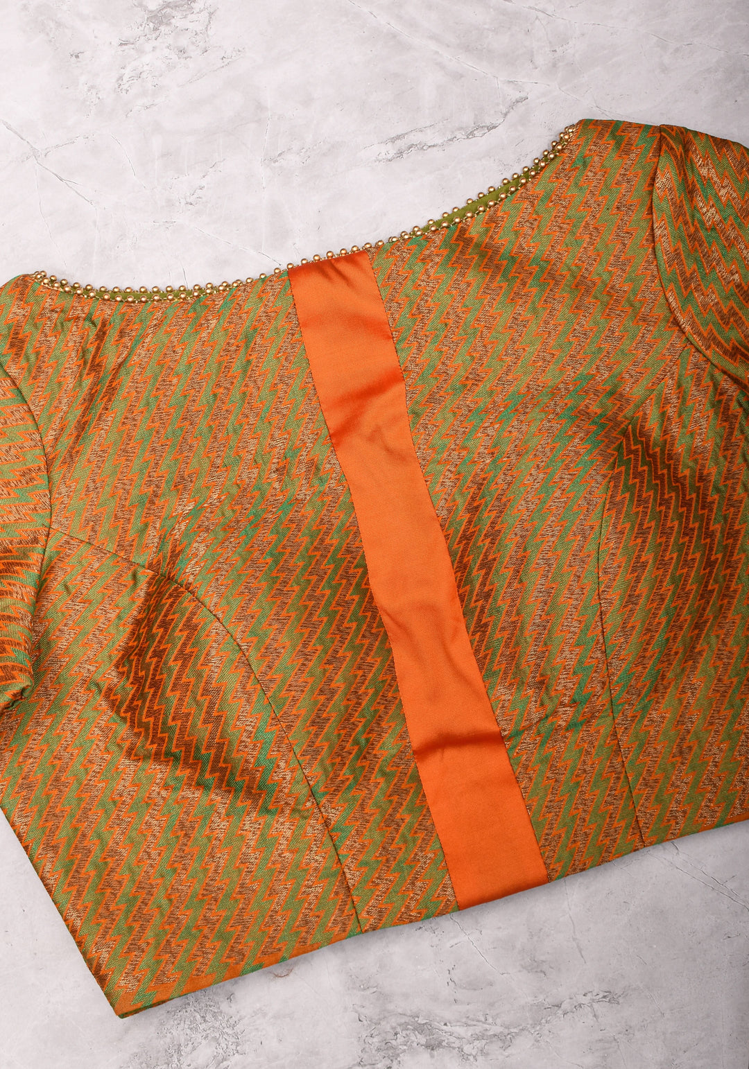 Henna Green and orange Jacquard boatneck blouse with plain silk detailing, Made to Order