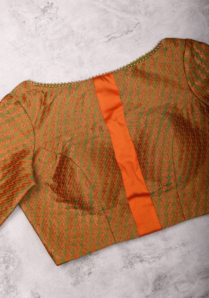 Henna Green and orange Jacquard boatneck blouse with plain silk detailing, Made to Order