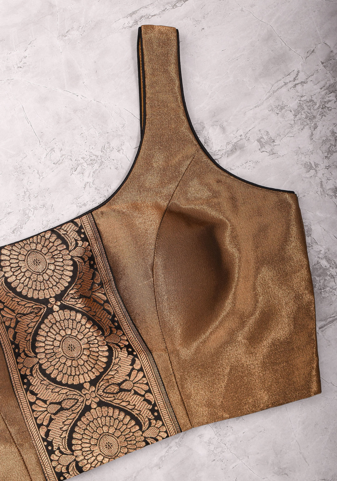 Bronze tissue brocade U  neck sleeveless blouse with black brocade detailing
