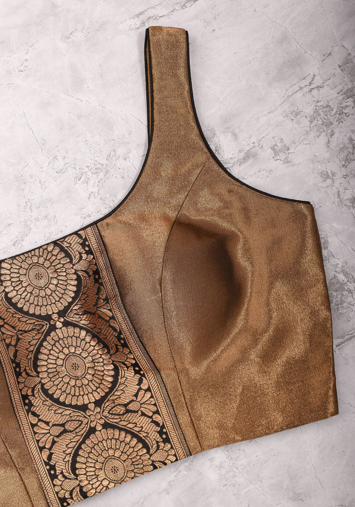 Bronze tissue brocade U  neck sleeveless blouse with black brocade detailing