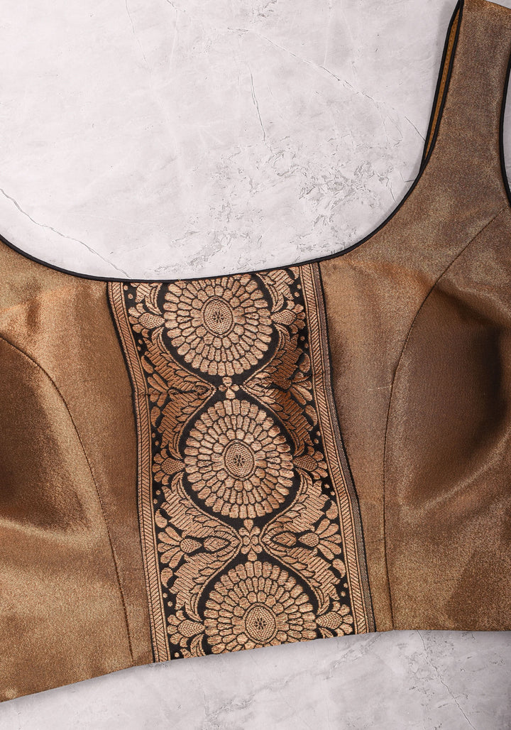 Bronze tissue brocade U  neck sleeveless blouse with black brocade detailing