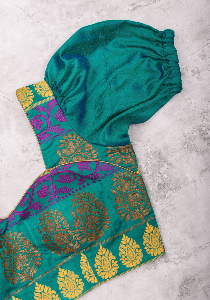 Teal brocade & pure rawsilk sweet heart neck blouse with sleeve detailing, Made to Order