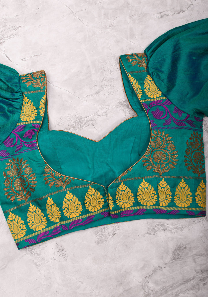 Teal brocade & pure rawsilk sweet heart neck blouse with sleeve detailing, Made to Order
