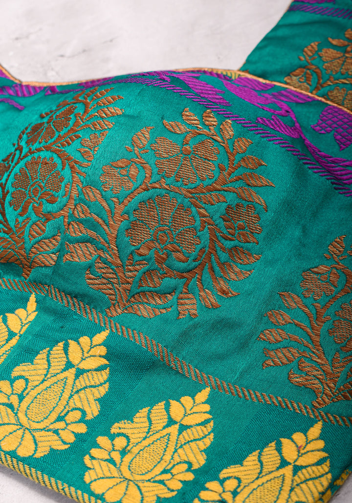 Teal brocade & pure rawsilk sweet heart neck blouse with sleeve detailing, Made to Order