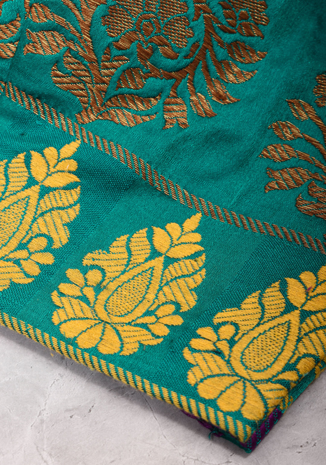 Teal brocade & pure rawsilk sweet heart neck blouse with sleeve detailing, Made to Order