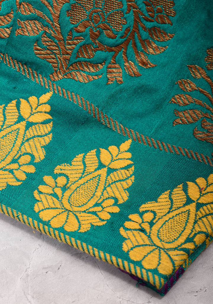 Teal brocade & pure rawsilk sweet heart neck blouse with sleeve detailing, Made to Order