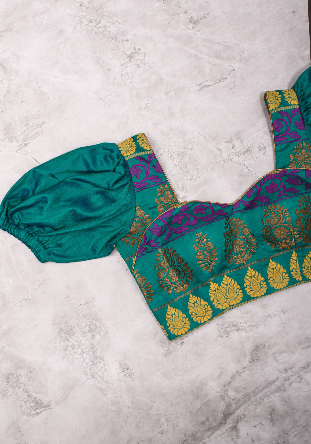 Teal brocade & pure rawsilk sweet heart neck blouse with sleeve detailing, Made to Order