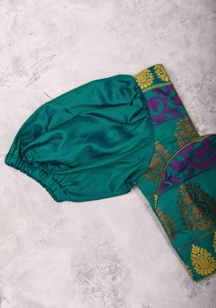 Teal brocade & pure rawsilk sweet heart neck blouse with sleeve detailing, Made to Order