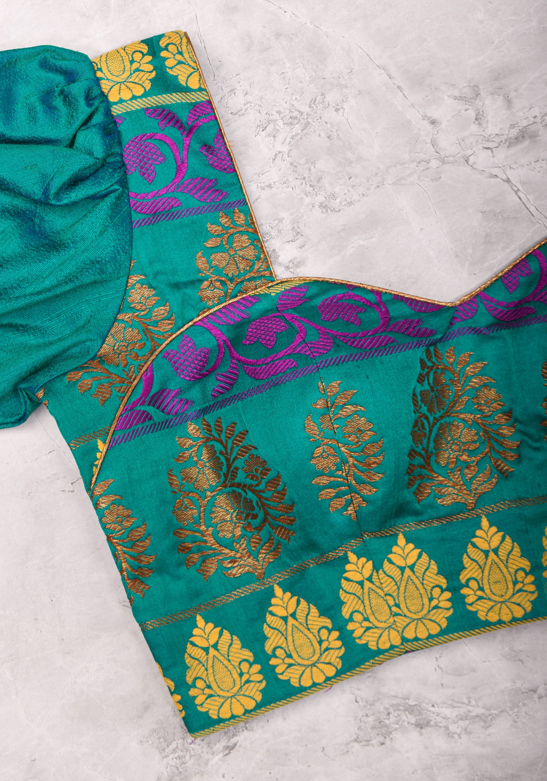 Teal brocade & pure rawsilk sweet heart neck blouse with sleeve detailing, Made to Order