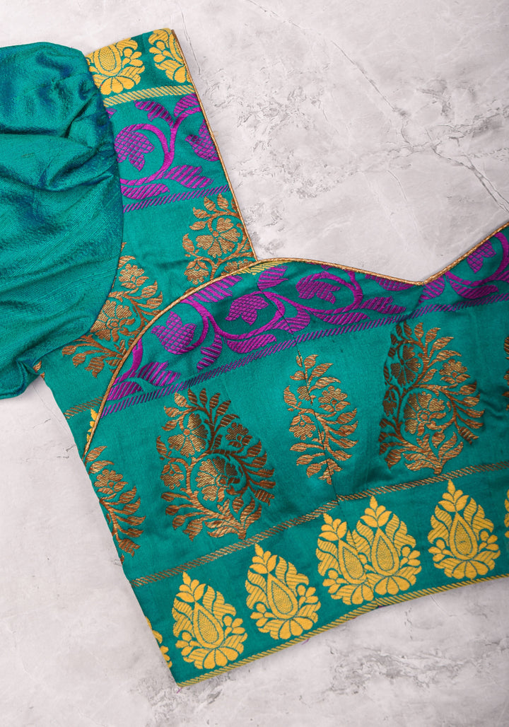 Teal brocade & pure rawsilk sweet heart neck blouse with sleeve detailing, Made to Order