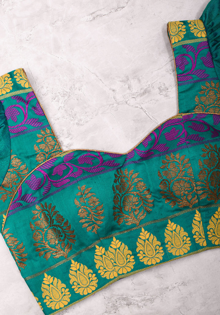Teal brocade & pure rawsilk sweet heart neck blouse with sleeve detailing, Made to Order