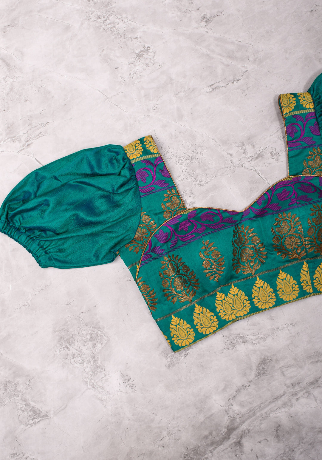 Teal brocade & pure rawsilk sweet heart neck blouse with sleeve detailing, Made to Order